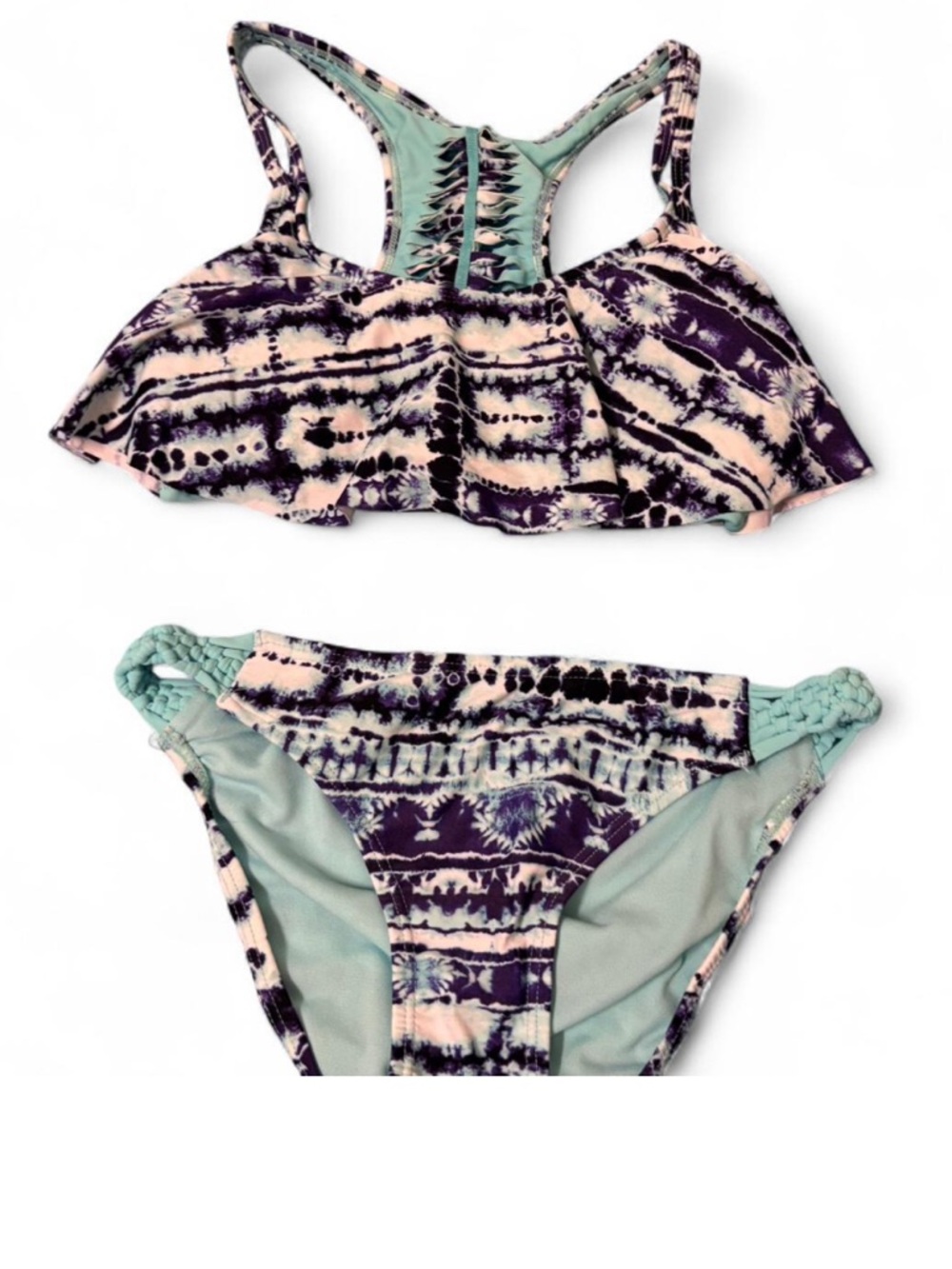 Arizona Jean Company Teal and Navy Tie-Dye Ruffle Bikini